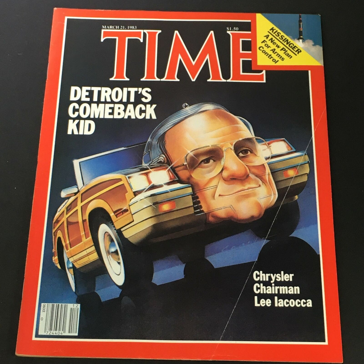 VTG Time Magazine March 21 1983 featuring Chrysler Chairman Lee Iacocca on the cover, depicted with a stylized illustration of a car. The magazine highlights Detroit's automotive history.