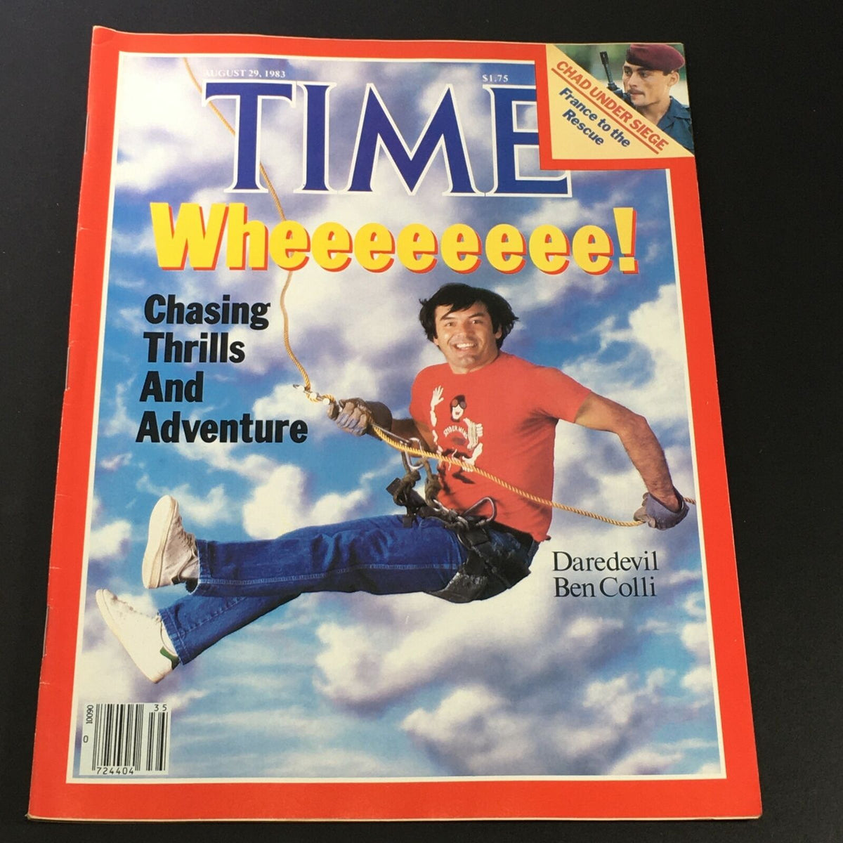 VTG Time Magazine August 29 1983 featuring daredevil Ben Colli on the cover, showcasing adventurous themes with the text 'Wheeeeeee! Chasing Thrills and Adventure'.