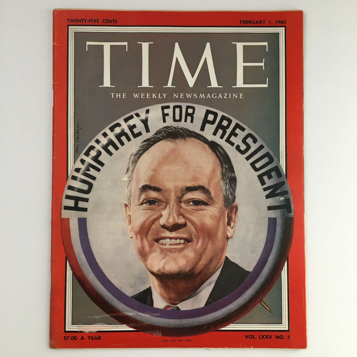 Time Magazine February 1 1960 featuring Hubert Humphrey for President, showcasing a vintage cover with a political theme and a smiling portrait of Humphrey.