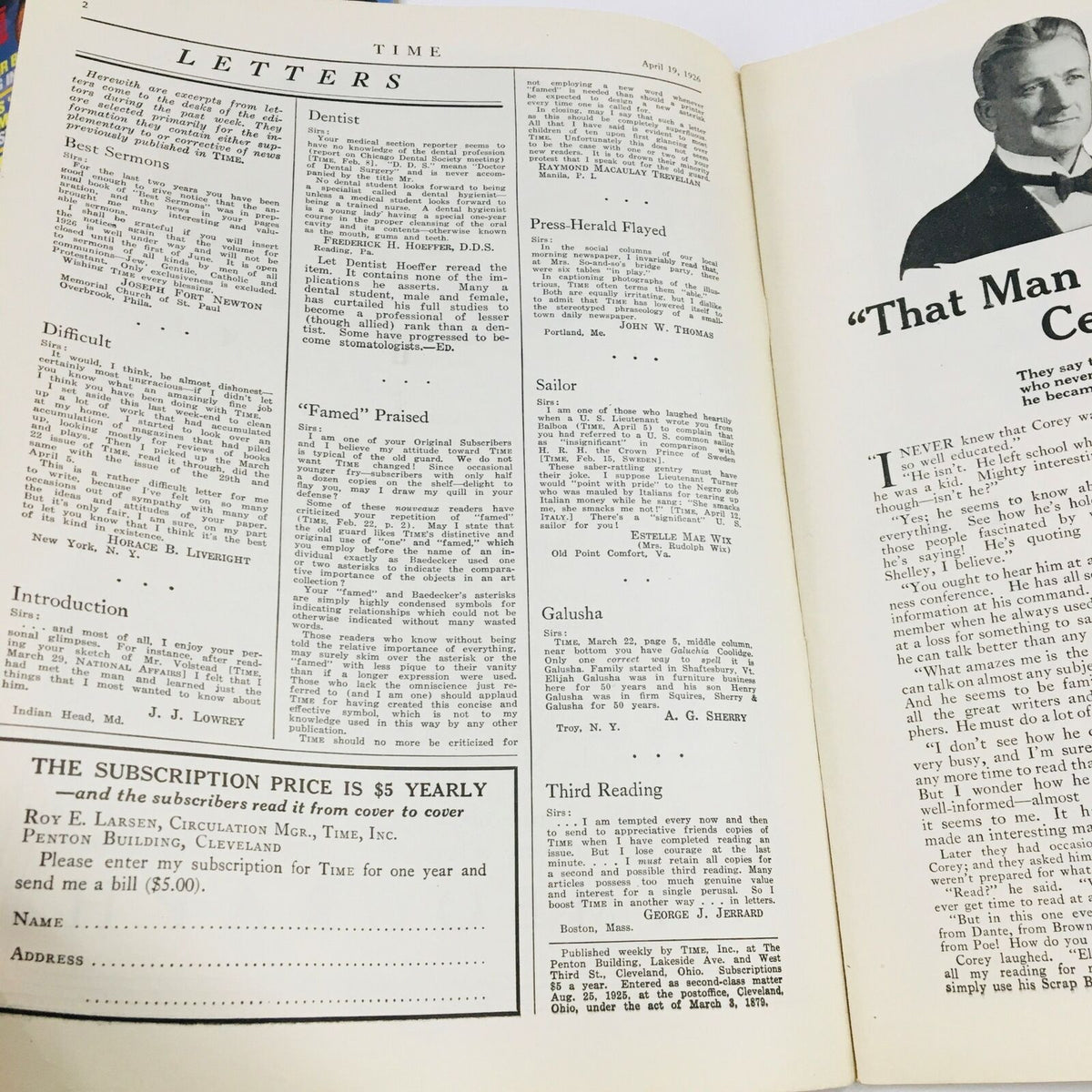 Inside page of VTG Time Magazine April 19 1926 featuring letters section and advertisements, providing a glimpse into historical discourse and perspectives of the 1920s.