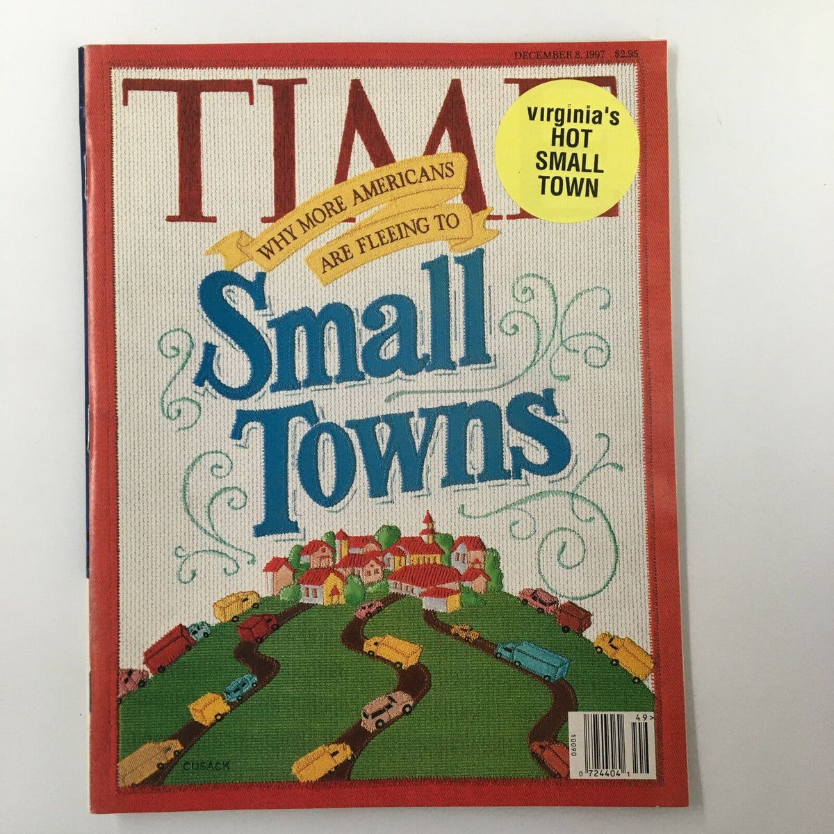 Time Magazine December 8 1997 cover featuring the title 'Virginia's Hot Small Town', illustrating a picturesque small town with trucks and vehicles on a winding road, capturing the essence of rural American life.