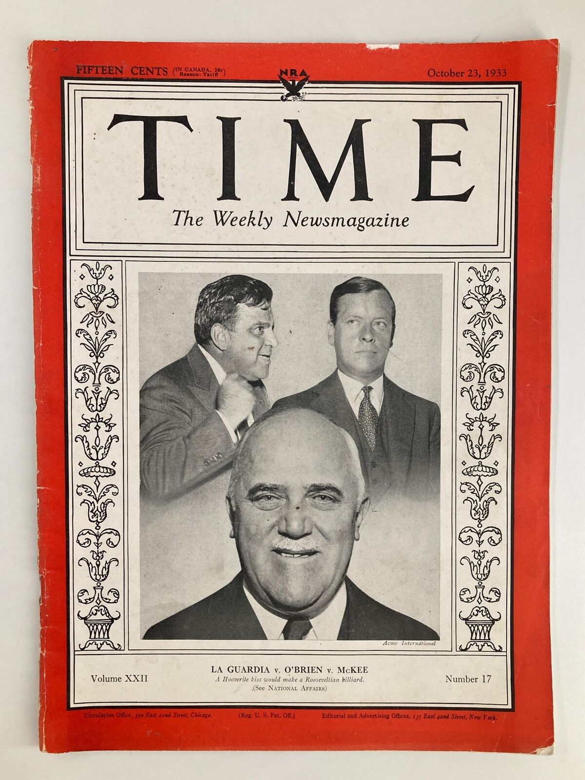 Vintage Time Magazine October 23 1933 cover featuring La Guardia, O'Brien, and McKee, highlighting a significant legal battle during the Great Depression.