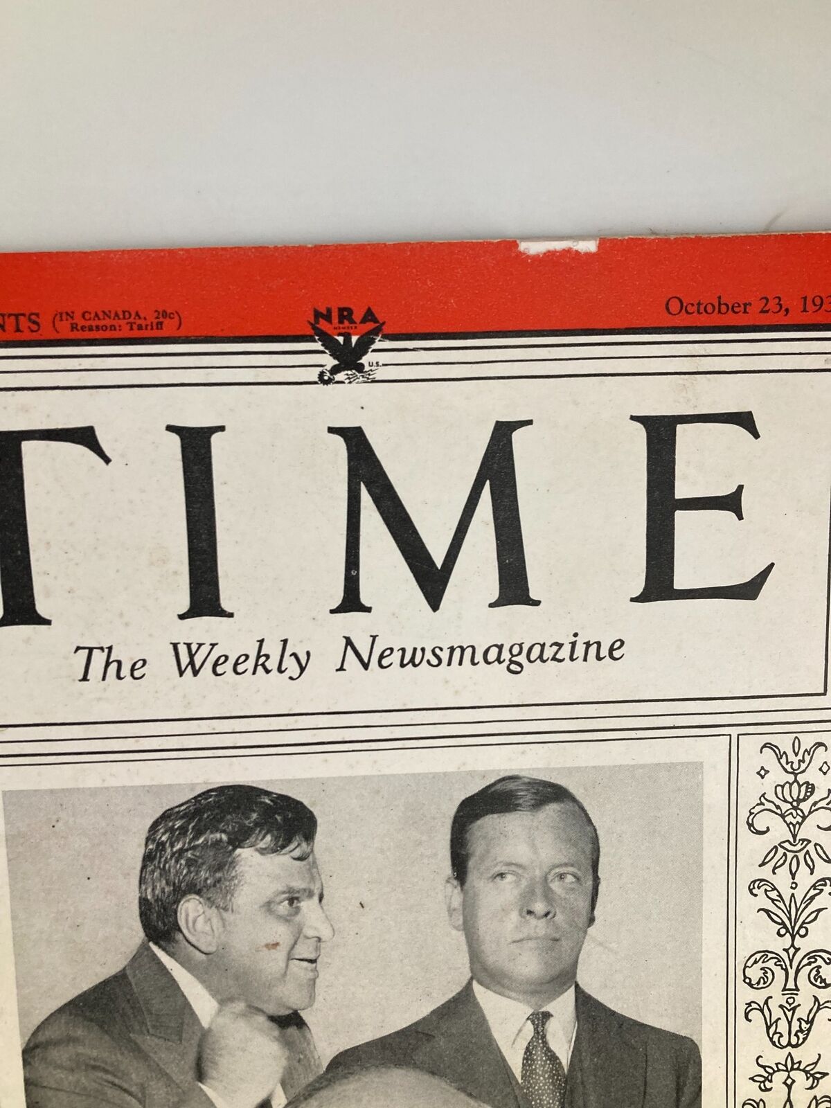 Close-up of the Vintage Time Magazine October 23 1933 title and header, showcasing the publication details and iconic logo.