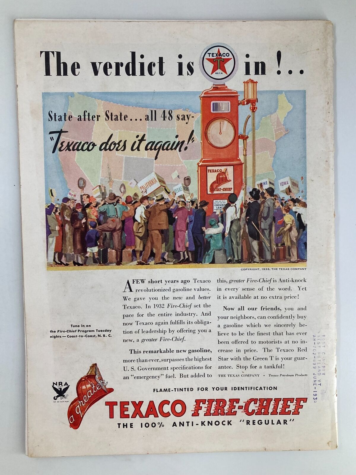 Vintage Time Magazine October 23 1933 Cover featuring Texaco Fire-Chief advertisement, showcasing a crowd reacting to the gasoline product with historical significance.