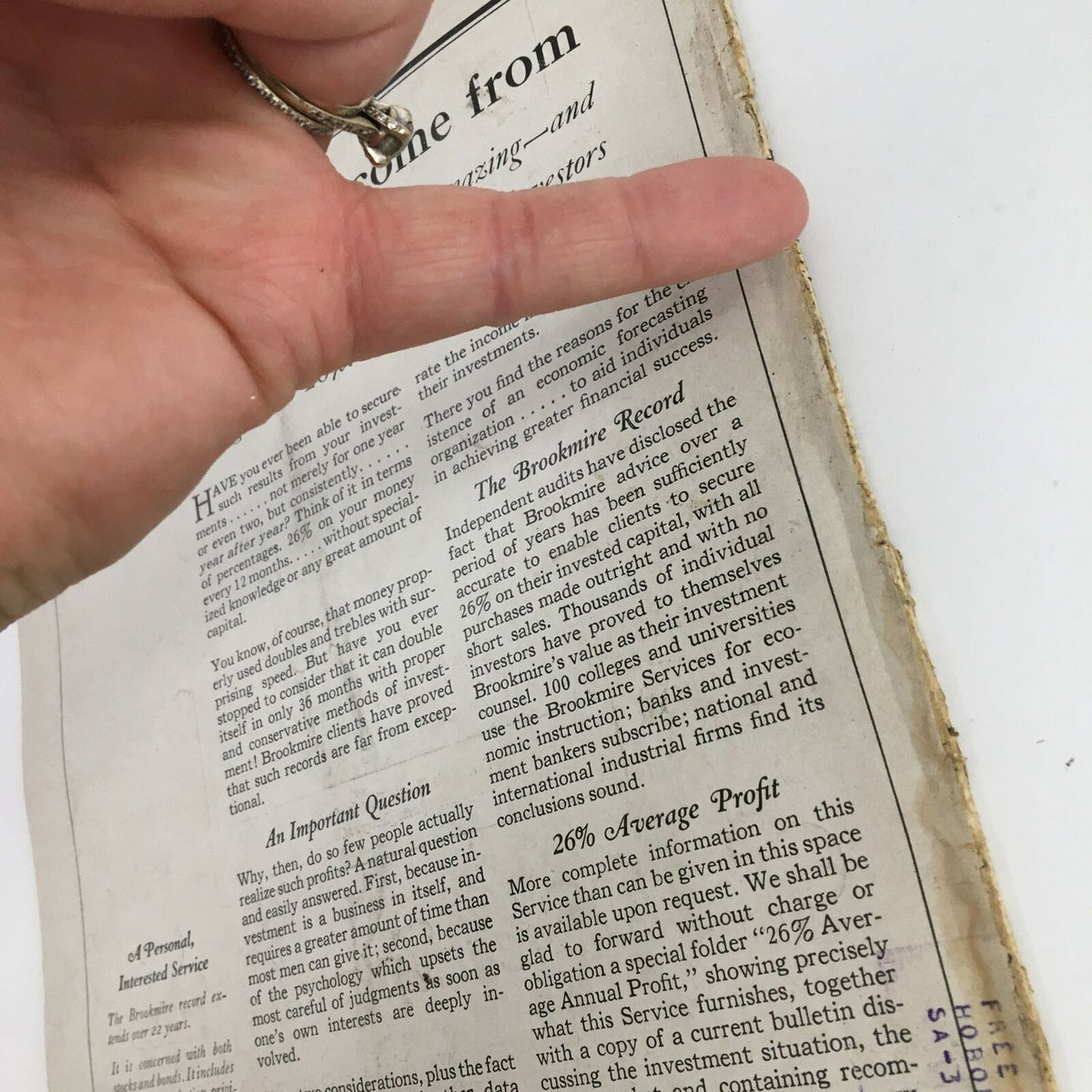 Close-up of an article from the VTG Time Magazine February 8 1926 Volume VII Number 6, highlighting economic advice for investors.
