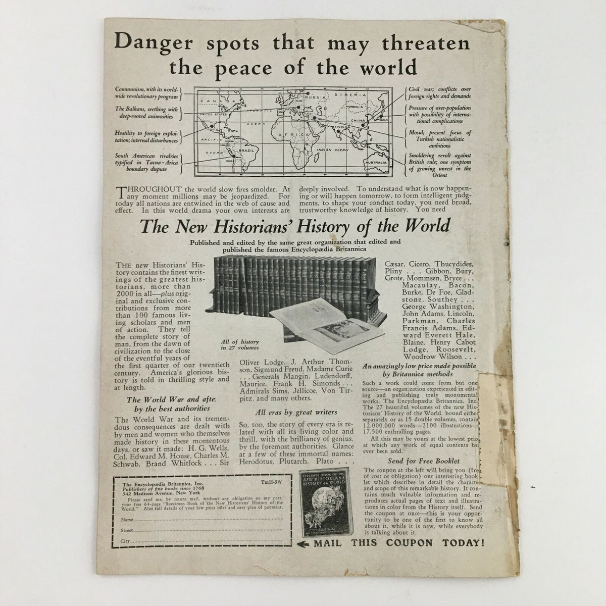 Vintage Time Magazine from March 1, 1926, showcasing an article on global peace threats and a historical overview; features a map and text detailing international tensions of the era.
