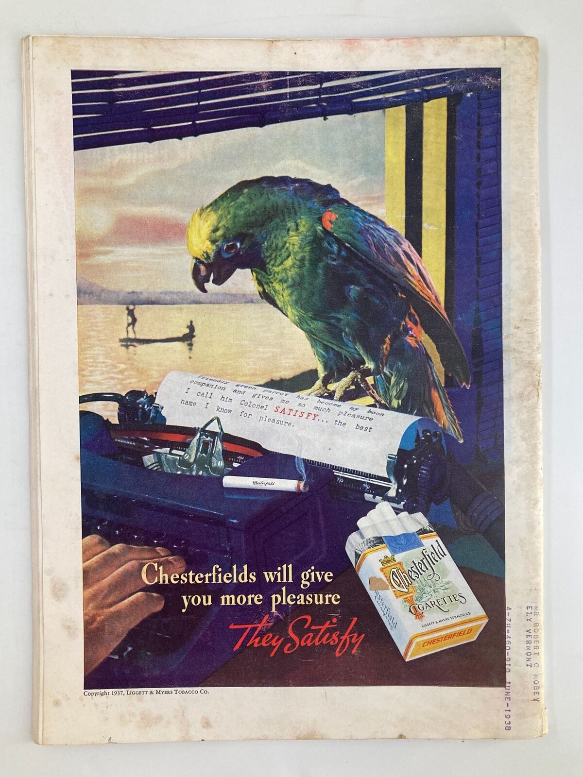 Back cover of the VTG Time Magazine September 20 1937 featuring a colorful advertisement for Chesterfield cigarettes, with a parrot and scenic background.