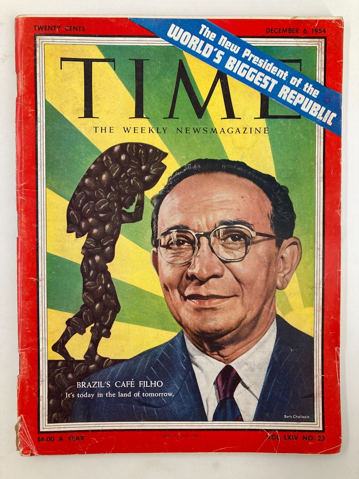 Vintage Time Magazine December 6 1954 Vol 64 #23 Brazil's Cafe Filho No Label