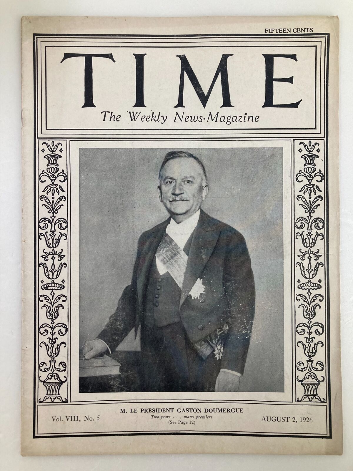 VTG Time Magazine August 2 1926 featuring M. Le President Gaston Doumergue on the cover, Volume 8, Issue 5, showcasing historical significance from the 1920s.
