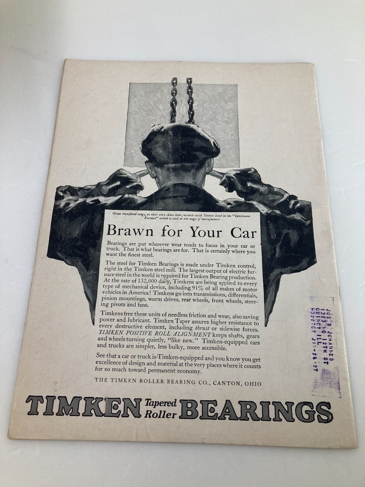 Back cover of the VTG Time Magazine August 2 1926, advertising Timken tapered roller bearings, highlighting automotive parts for car maintenance.