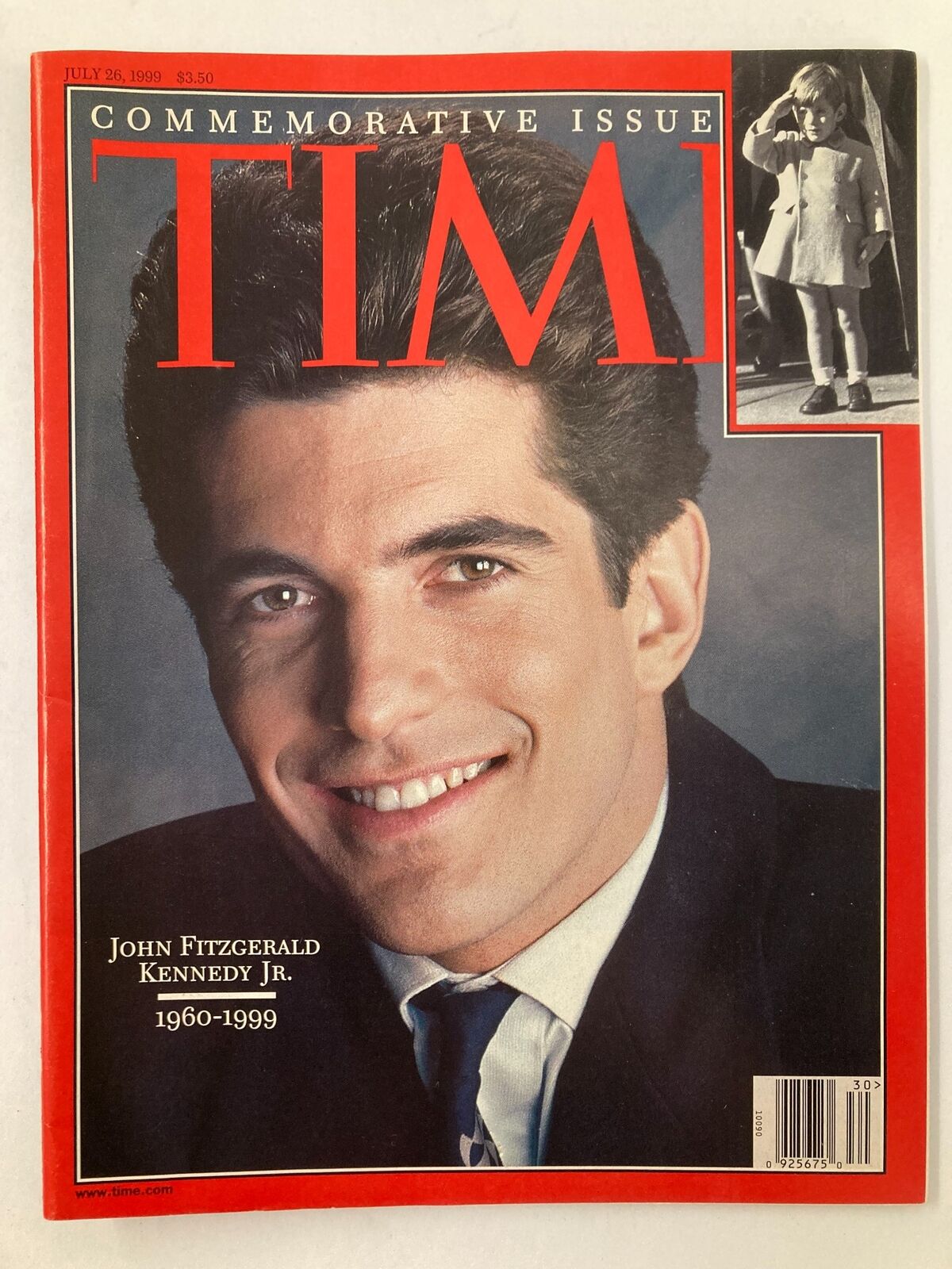 Time Magazine July 26 1999 cover featuring John Fitzgerald Kennedy Jr. with a smiling portrait and a child saluting in the corner, commemorating his legacy from 1960-1999.