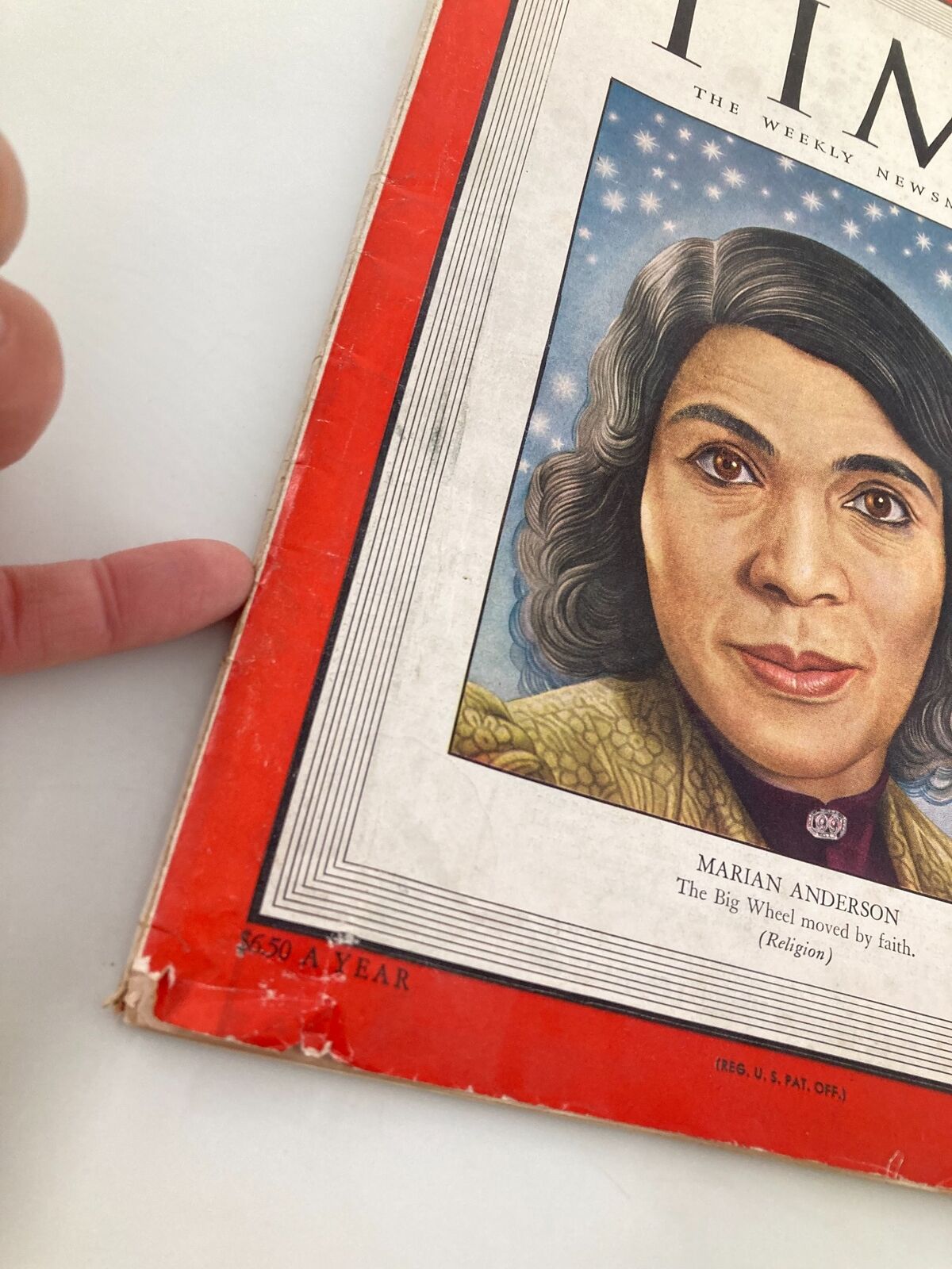 Cover detail of VTG Time Magazine December 30 1946 featuring Marian Anderson. The image shows the magazine's spine and cover art with Marian Anderson's portrait.