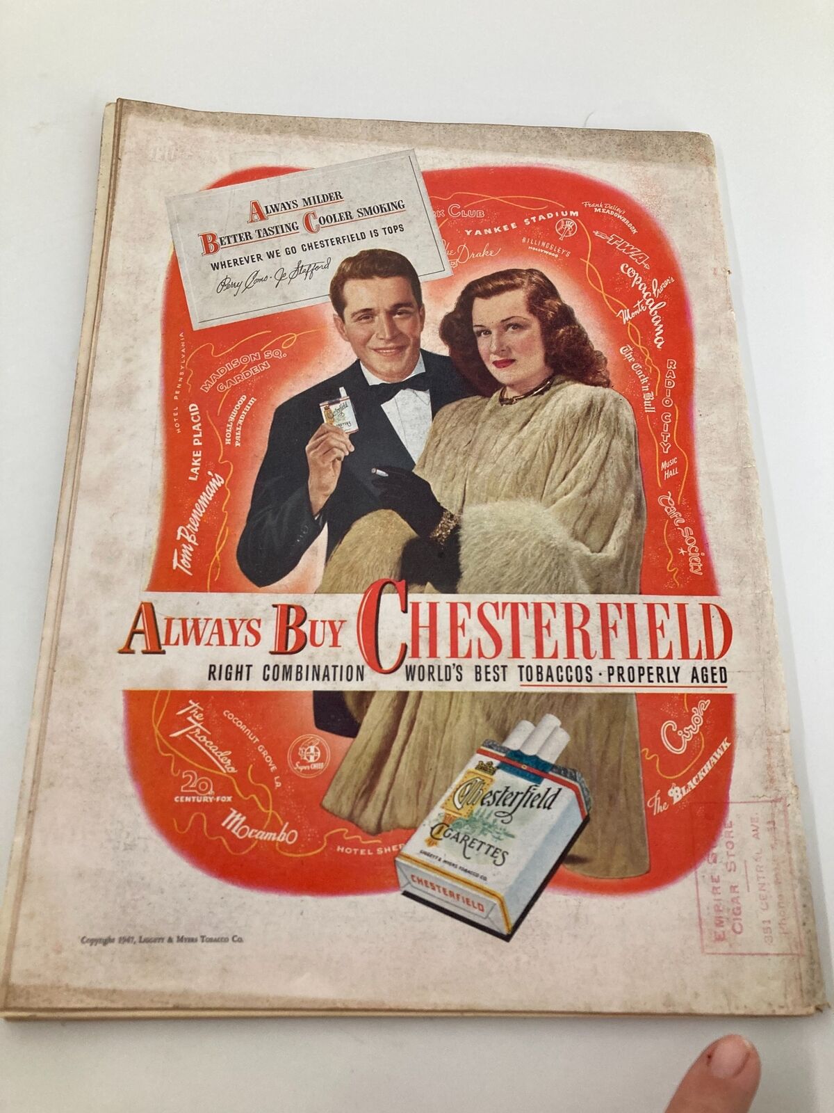 Back cover of VTG Time Magazine December 30 1946 showcasing an advertisement for Chesterfield cigarettes. The ad includes images of a couple and promotional text.