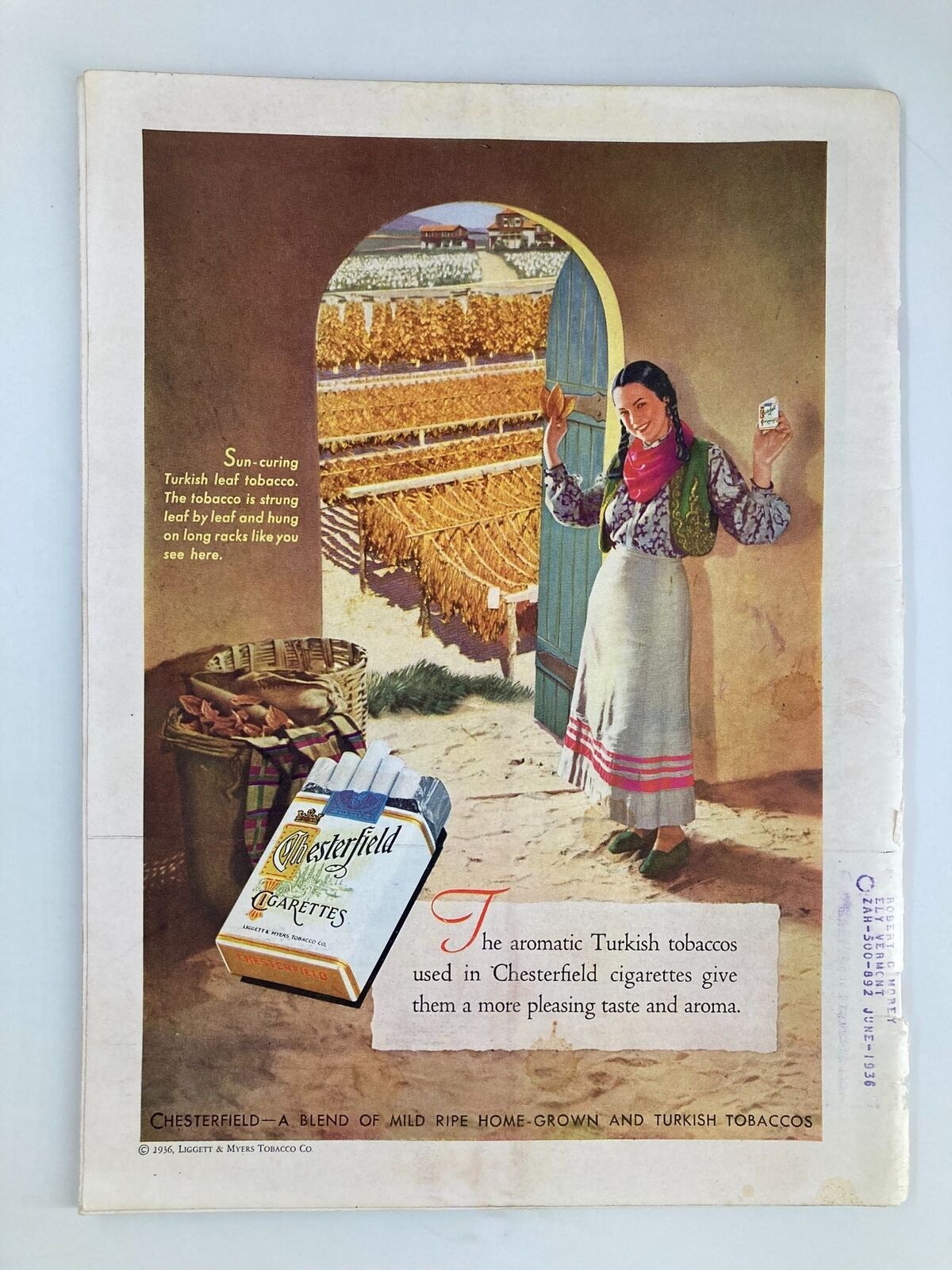 Vintage Chesterfield Cigarettes advertisement featuring a woman in traditional attire, showcasing sun-curing Turkish leaf tobacco, as seen in the VTG Time Magazine February 10 1936 edition.