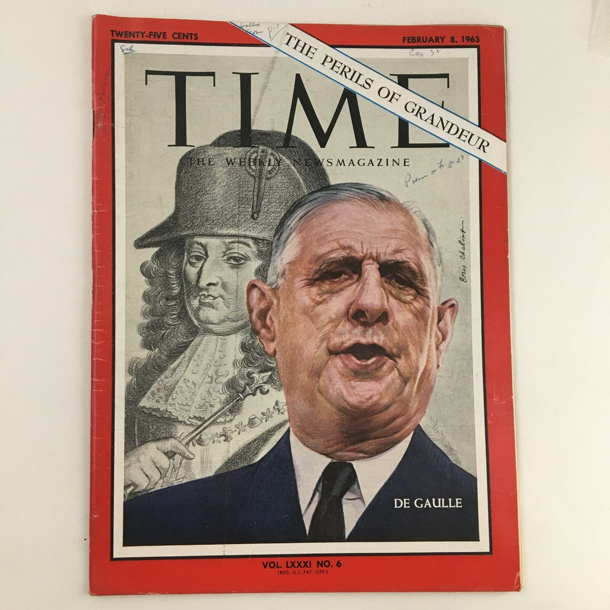 Cover of Time Magazine February 8, 1963, Vol. 81, No. 6 featuring Charles de Gaulle, prominently displaying his portrait and historical context of the era.