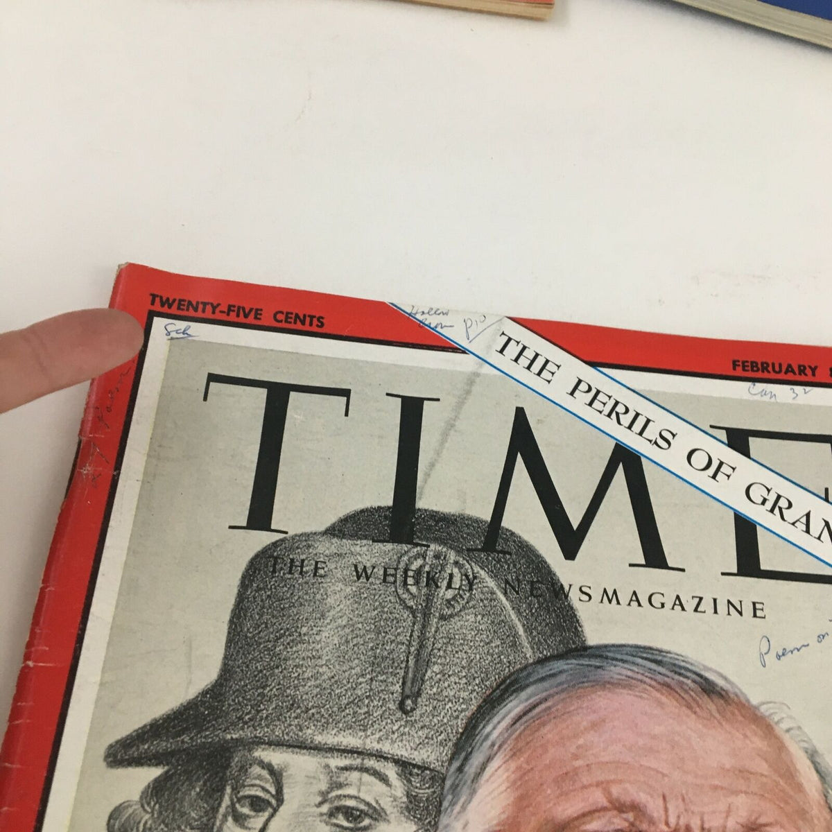 Close-up of Time Magazine February 8, 1963, highlighting the title and details, including the price of twenty-five cents and the article headline 'The Perils of Grandeur'.