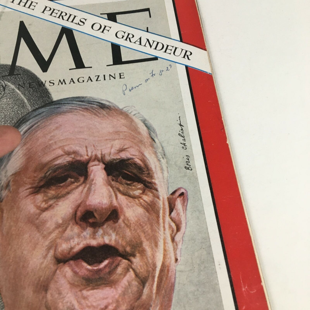 Detailed view of Charles de Gaulle on the cover of Time Magazine February 8, 1963, showcasing the intricate illustration and handwritten notes on the magazine.