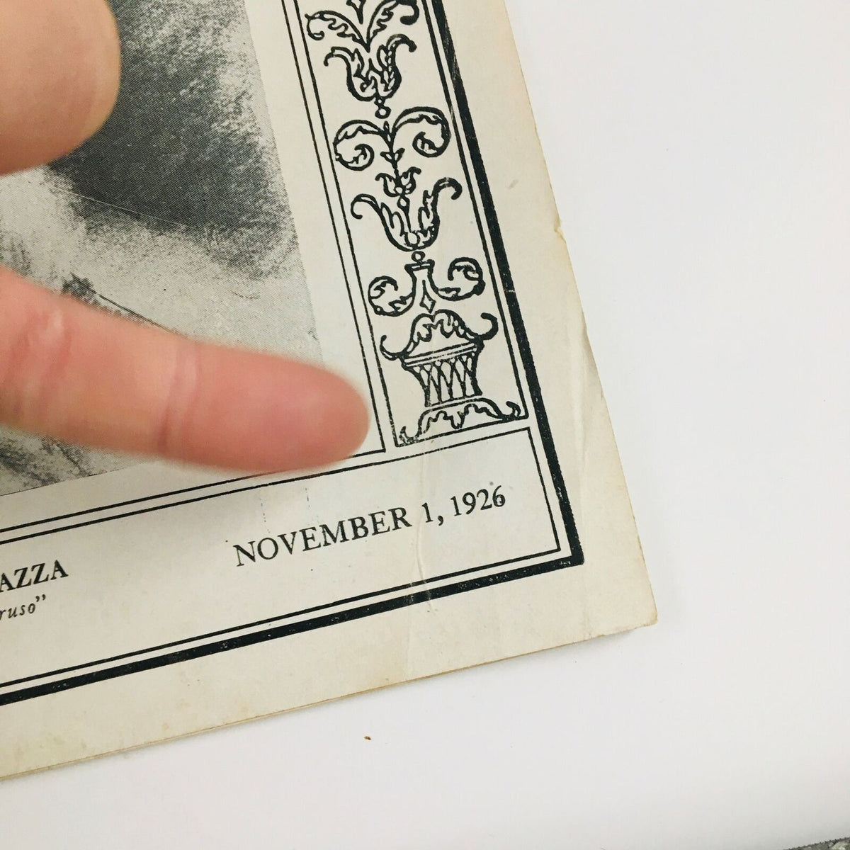 Close-up of the bottom edge of the vintage Time Magazine dated November 1, 1926, showcasing the date and corner design, featuring Italian conductor Giulio Gatti-Casazza.