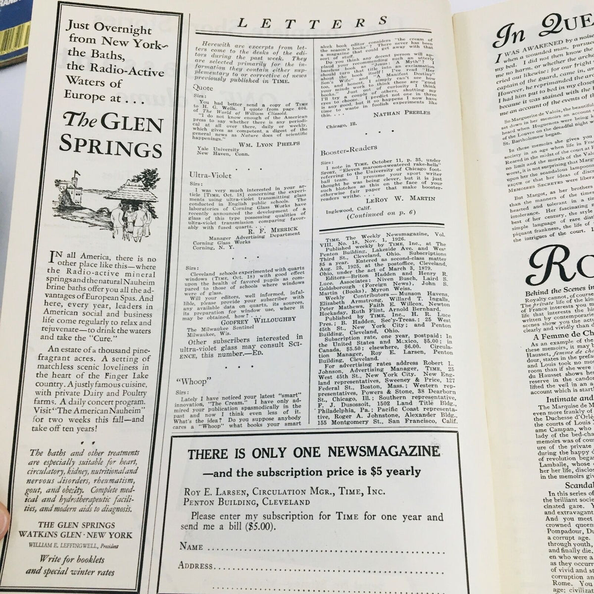 Interior page of the vintage Time Magazine from November 1, 1926, highlighting letters to the editor and advertisements, featuring the historical context of early 20th-century journalism.