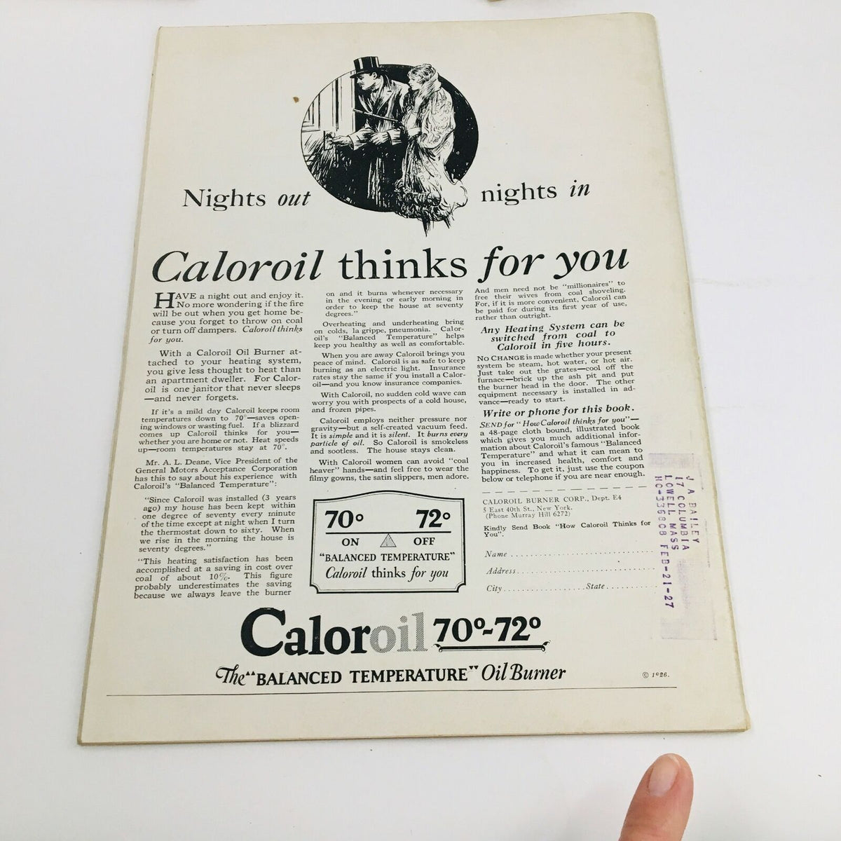 Back cover of the vintage Time Magazine dated November 1, 1926, presenting an advertisement for Caloroil Oil Burner, indicative of the era's marketing trends.