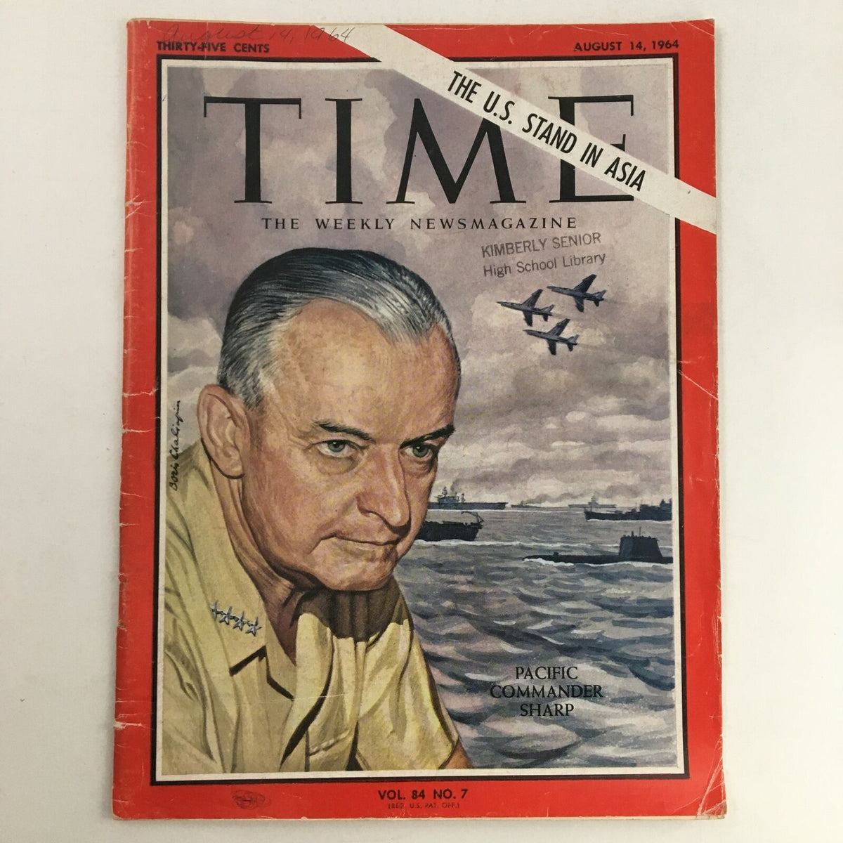 Cover of Time Magazine August 14 1964 featuring Pacific Commander U. S. Grant Sharp Jr., highlighting key military themes with an artistic portrayal.