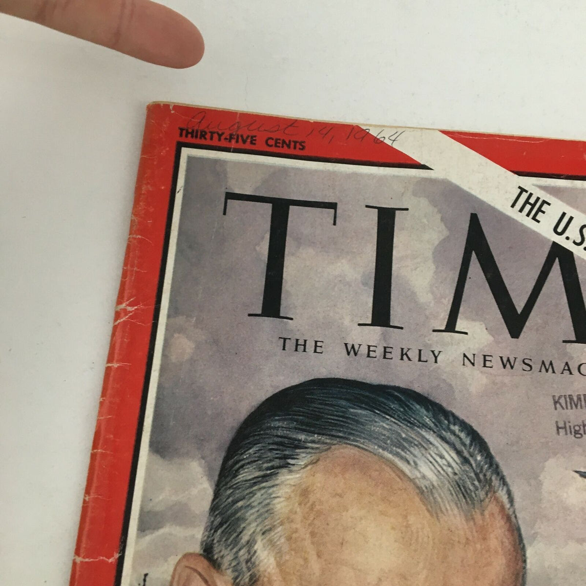 Close-up view of the Time Magazine August 14 1964 cover showing Pacific Commander U. S. Grant Sharp Jr. with handwritten date, showcasing magazine history.