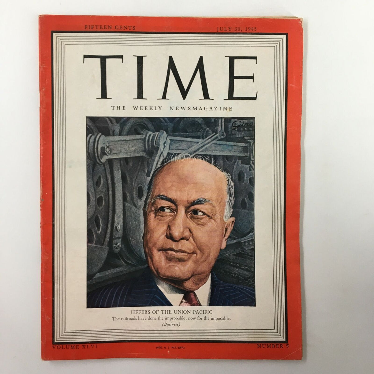 Vintage Time Magazine from July 30, 1945 featuring Jeffers of the Union Pacific on the cover, Volume 46 Number 5, a historical collectible showcasing post-war America.