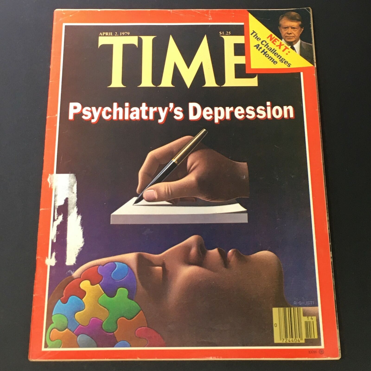 Vintage Time Magazine, April 2, 1979, featuring the cover story 'Psychiatry's Depression' with an illustration of a hand writing and a colorful puzzle piece brain.