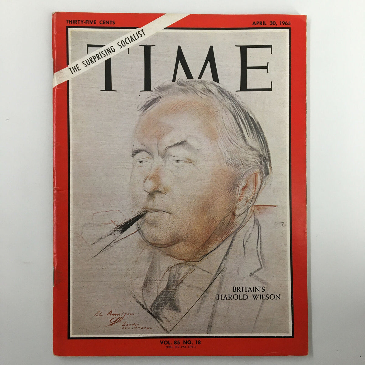 VTG Time Magazine April 30 1965, Volume 85 No. 18, featuring a cover illustration of Britain's Harold Wilson, showcasing an iconic moment in British political history.