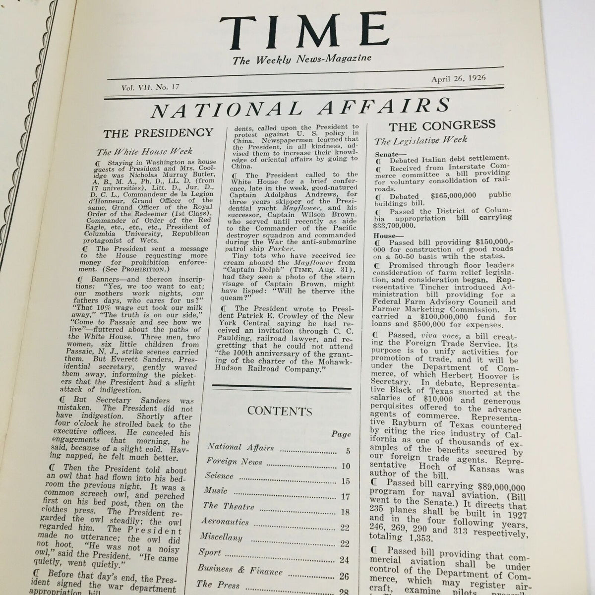 Interior page of VTG Time Magazine April 26 1926, displaying articles on national affairs, including the presidency and congress, reflecting the political climate of the era.