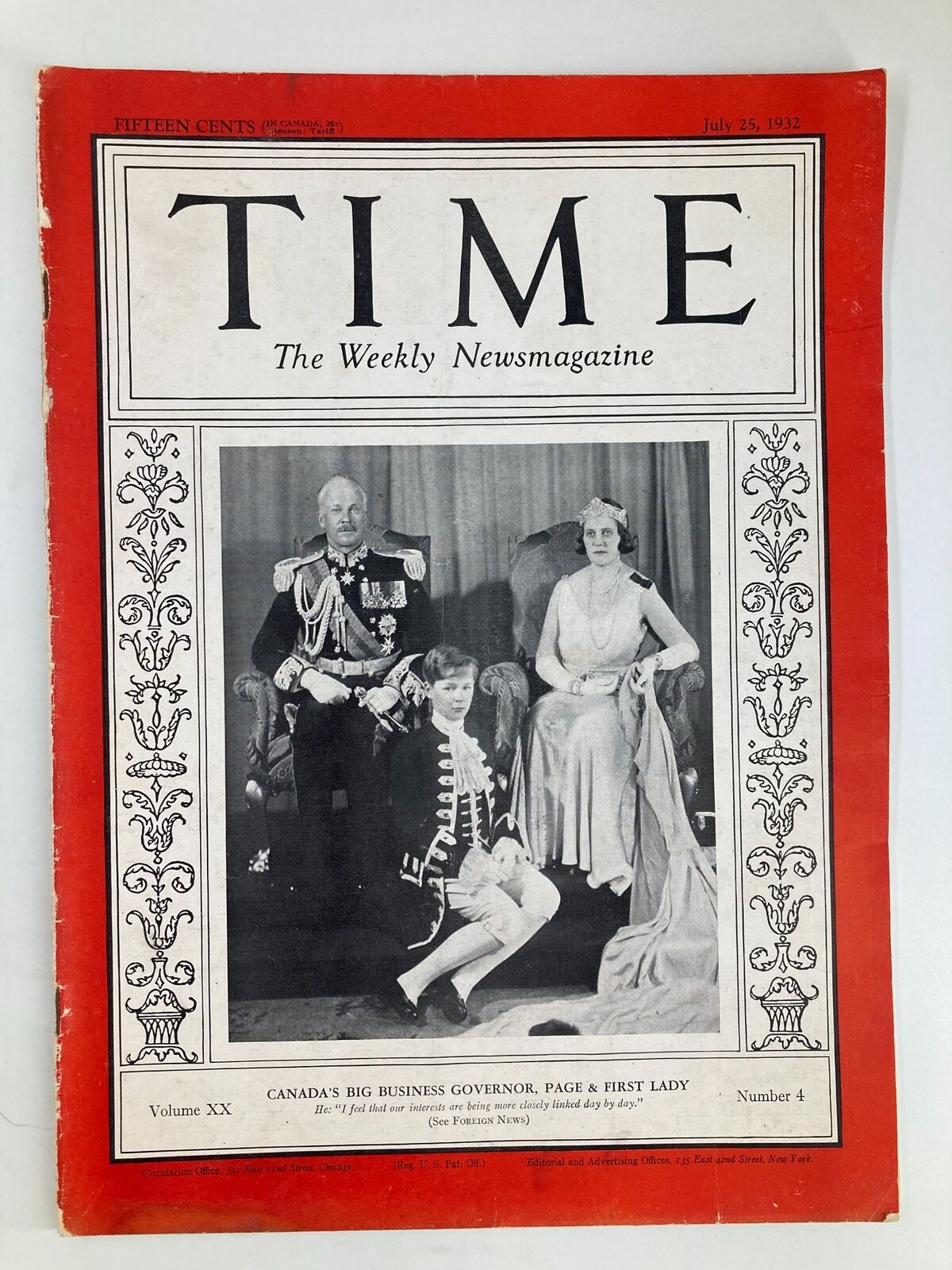 VTG Time Magazine July 25 1932, Vol 20 No. 4, featuring Canada’s Governor General, Page, and the First Lady on the cover.