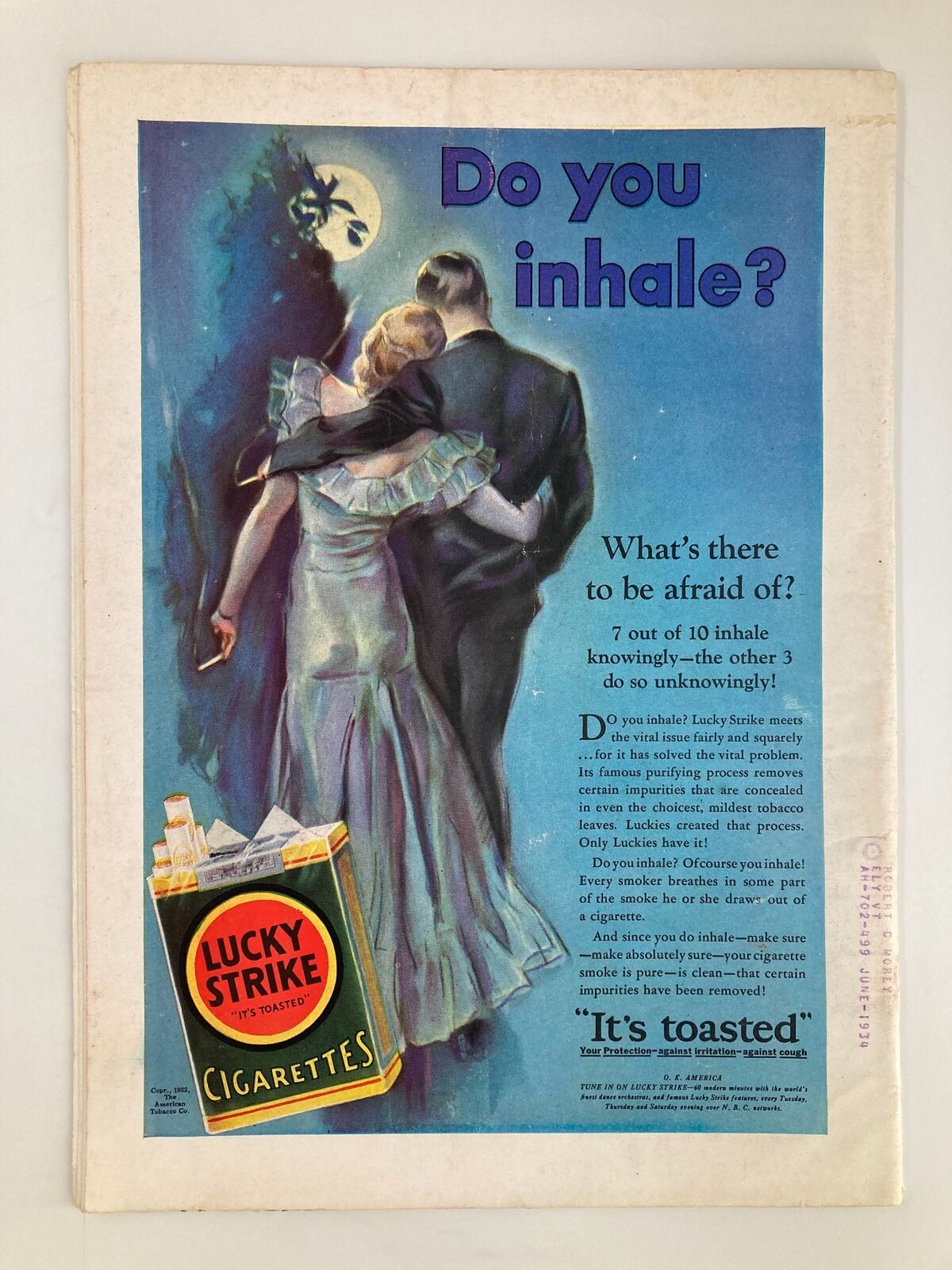 Back cover of VTG Time Magazine July 25 1932, showcasing a vintage Lucky Strike Cigarettes advertisement with a romantic couple.