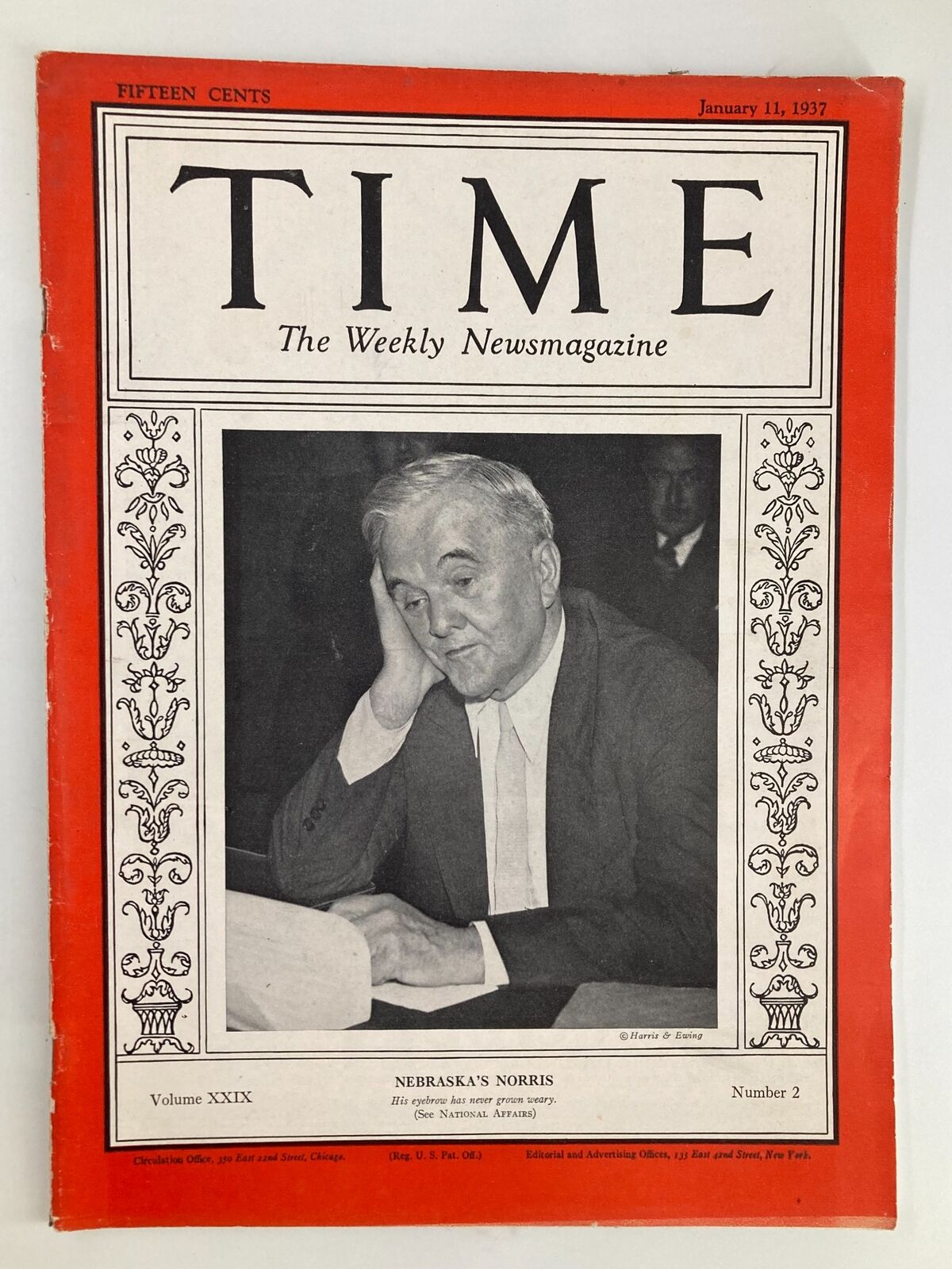 VTG Time Magazine January 11 1937 Vol 29 No. 2 featuring a cover image of Senator George Norris, highlighting his historical significance and socio-political themes of the 1930s.