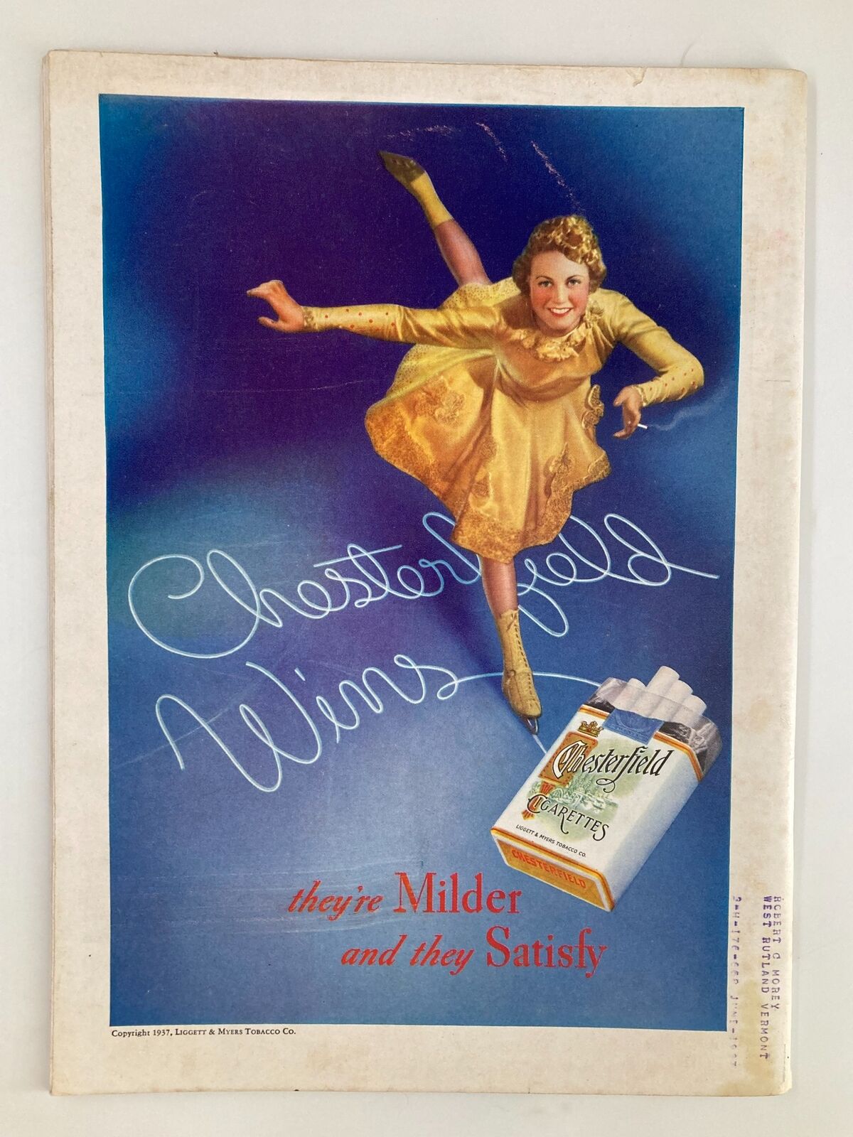 Back cover of the VTG Time Magazine January 11 1937 showcasing a vintage advertisement for Chesterfield cigarettes, emphasizing nostalgia and historical advertising aesthetics.