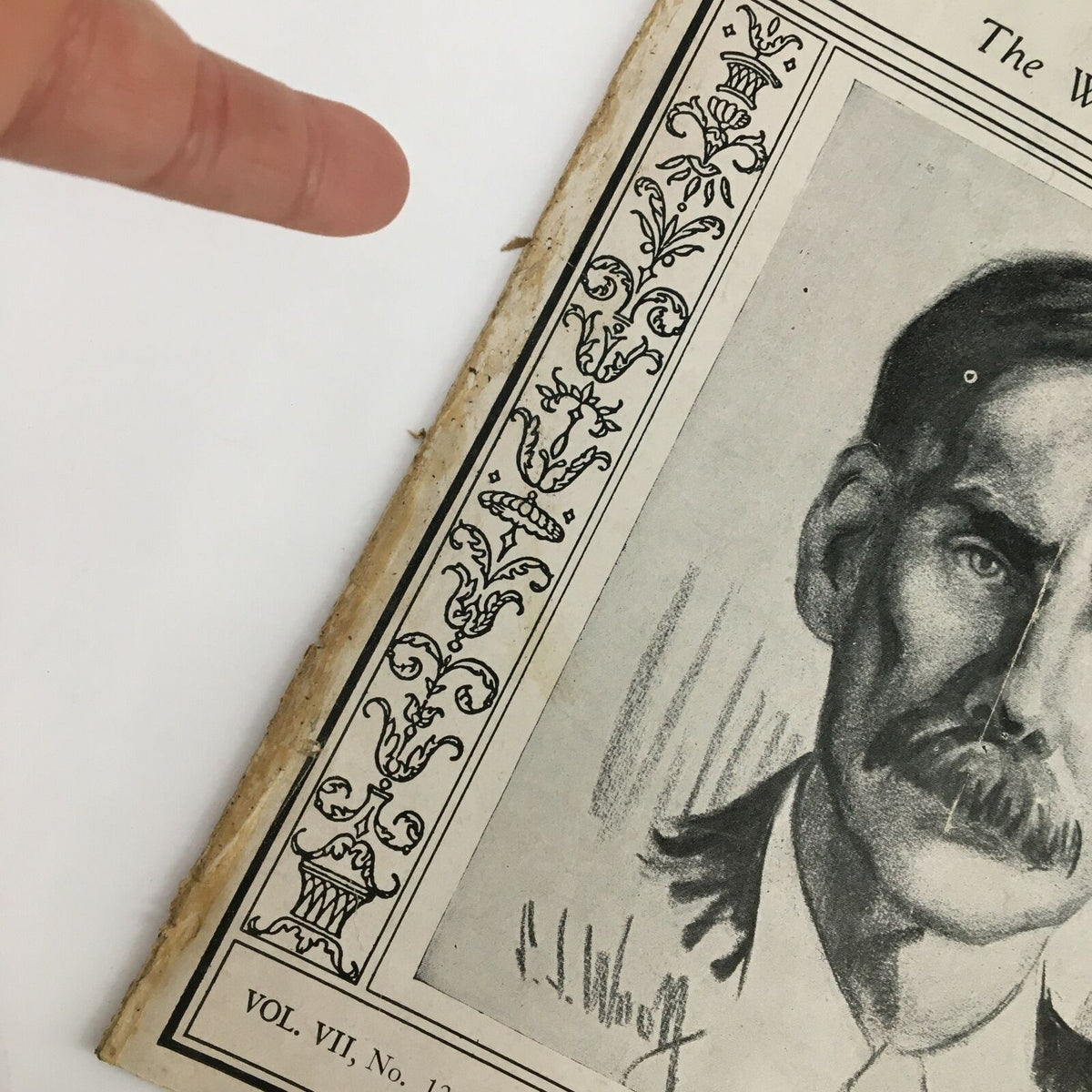 Close-up of the edge of the March 29, 1926 issue of Time Magazine, Vol. VII No. 13 featuring Andrew John Volstead. The image shows minor wear and the decorative border of the magazine.