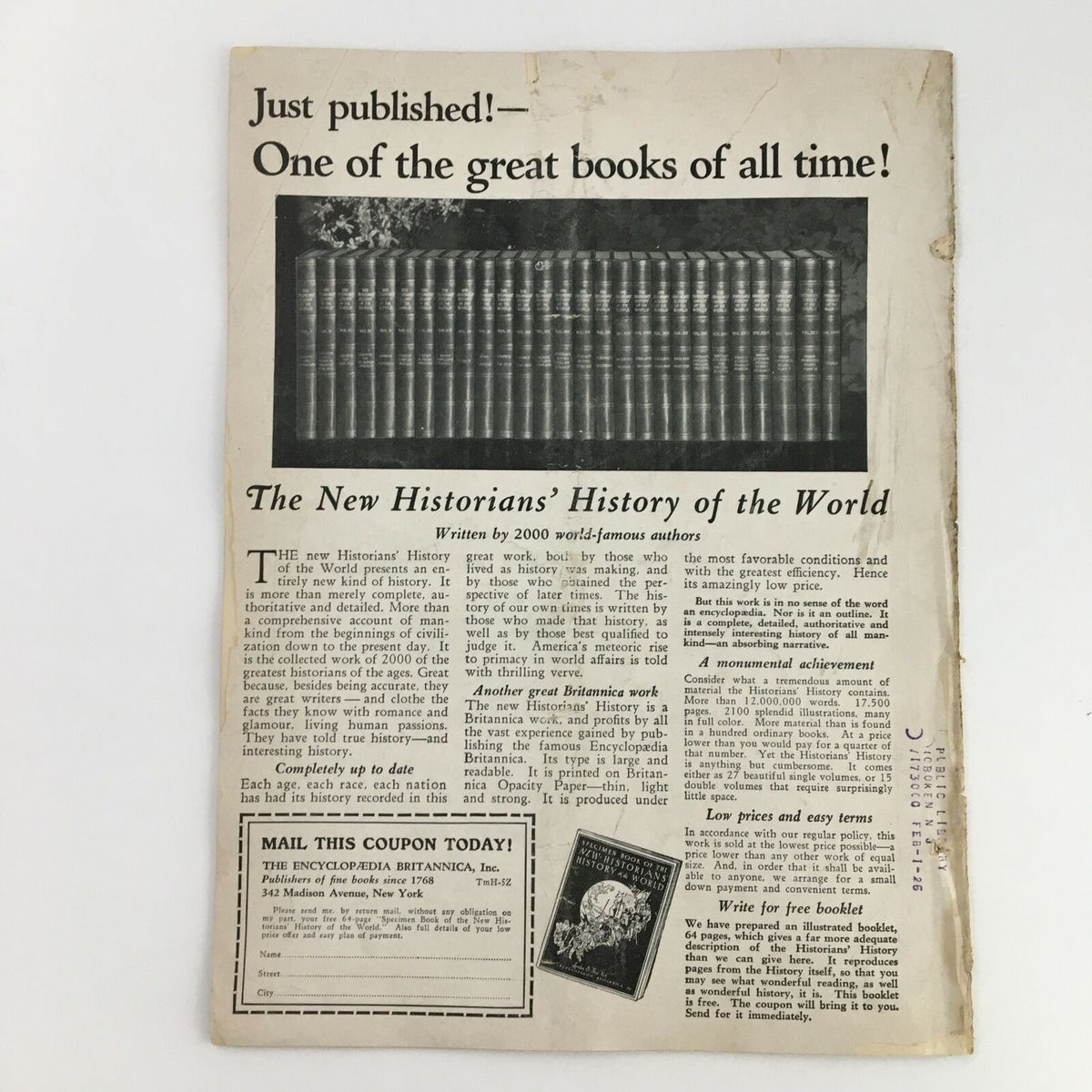 Rear cover of VTG Time Magazine March 29 1926 Vol. VII No. 13 showcasing an advertisement for 'The New Historians’ History of the World.' This adds contextual value to the historical publication.