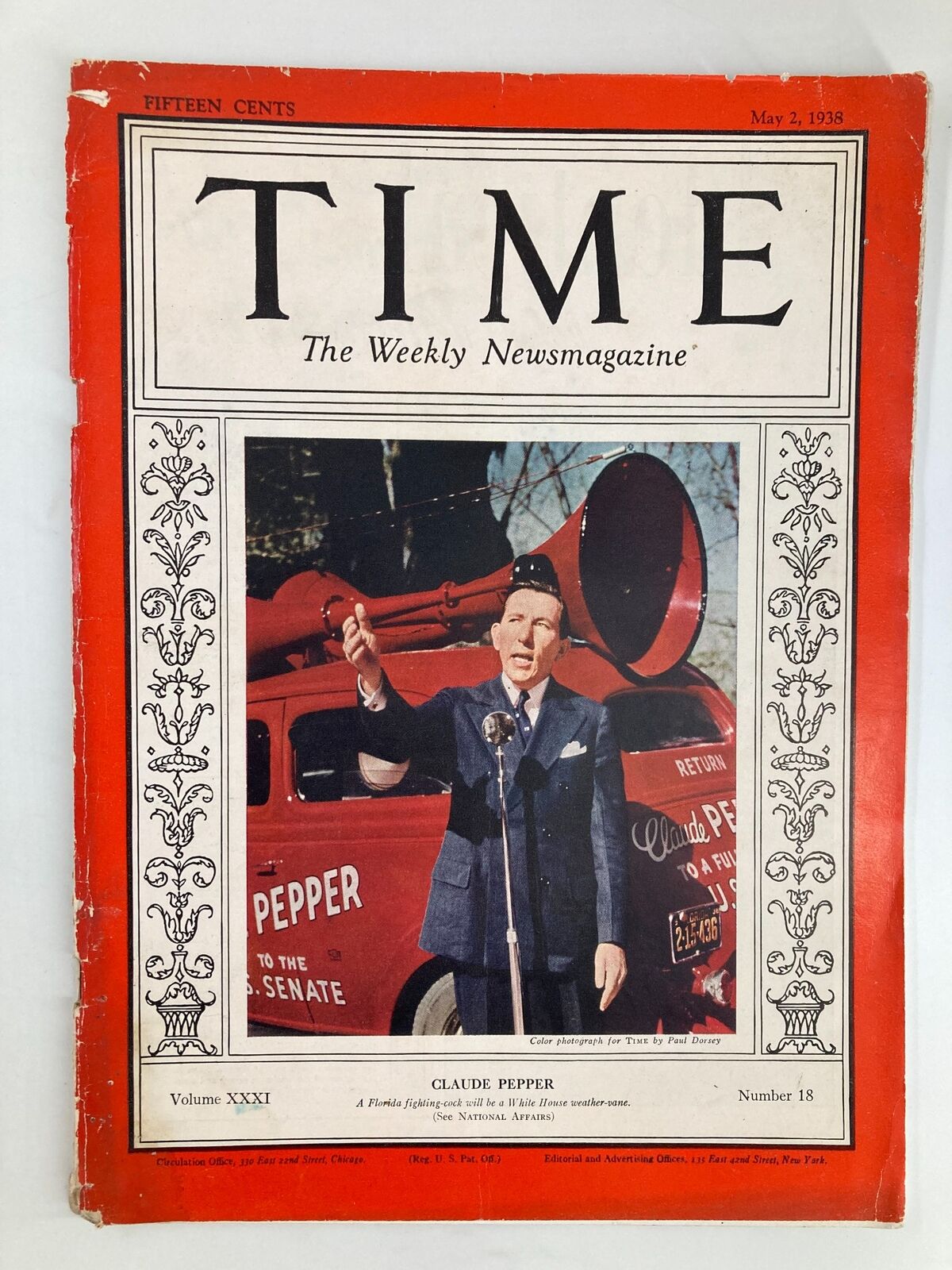 Cover of Vintage Time Magazine May 2, 1938, featuring Claude Pepper addressing a crowd with a megaphone, highlighting Florida politics.