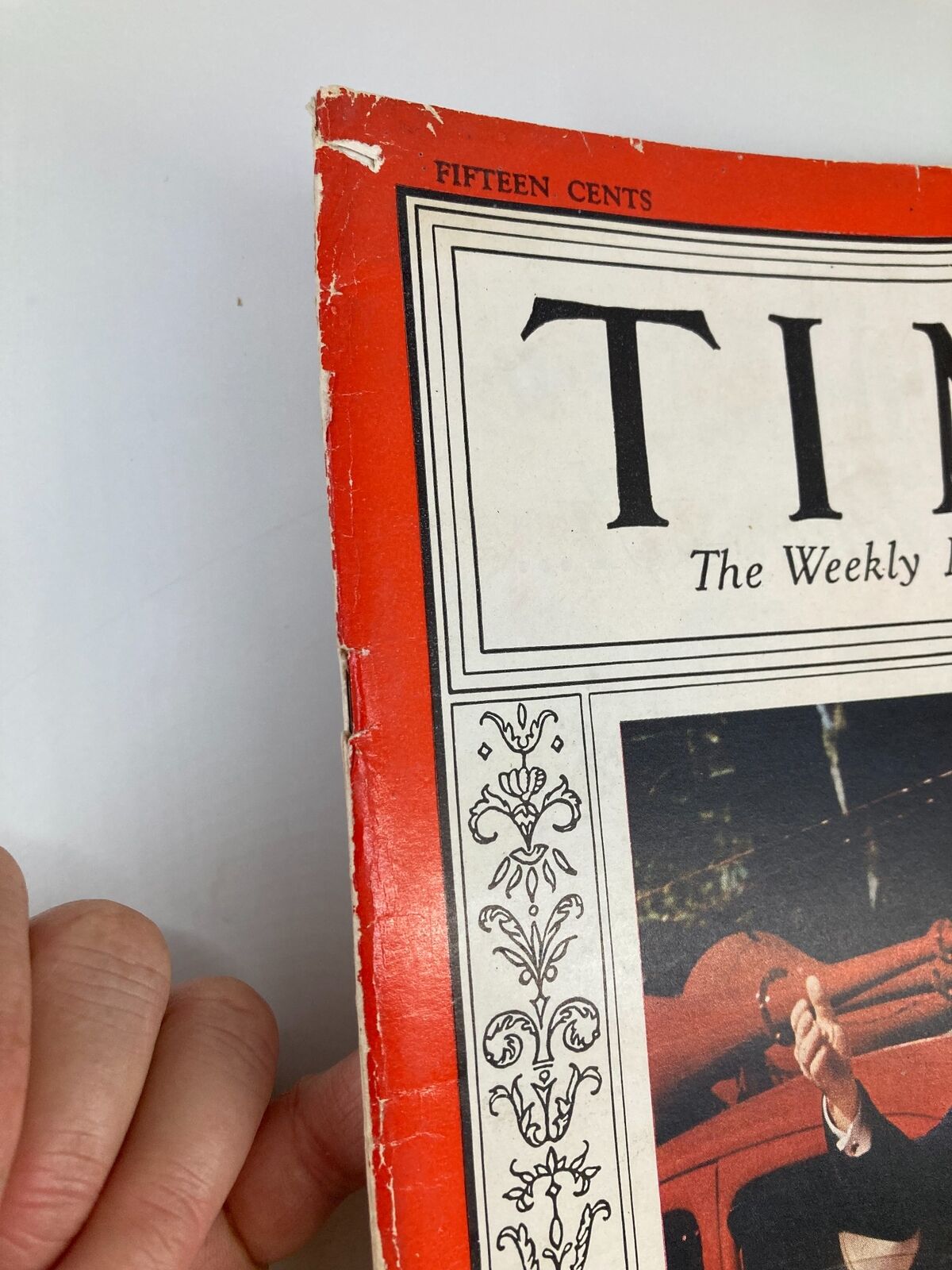 Close-up of the top edge of Vintage Time Magazine May 2, 1938, showing minor wear on the cover.