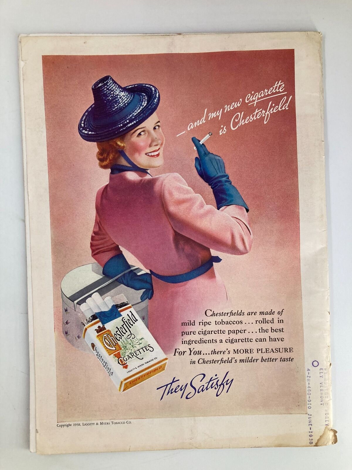 Back cover of Vintage Time Magazine May 2, 1938, featuring an advertisement for Chesterfield cigarettes with a smiling woman.