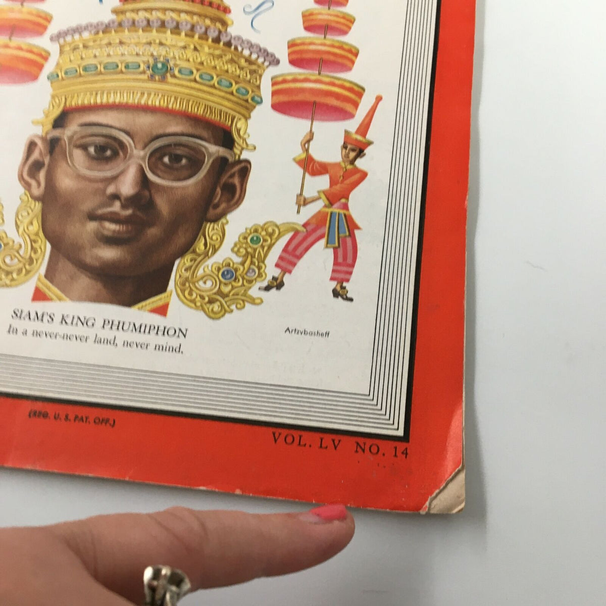 Cover of VTG Time Magazine dated April 3, 1950, featuring Siam's King Phumiphon, showcasing vibrant colors and artistic illustrations.