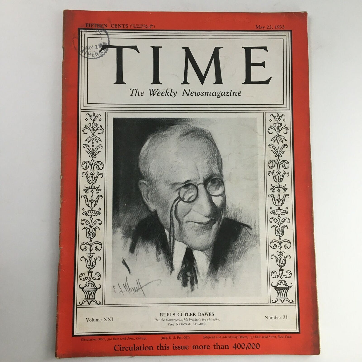 Time Magazine May 22 1933 featuring Rufus Cutler Dawes on the cover, showcasing a historical portrait of the prominent American businessman.
