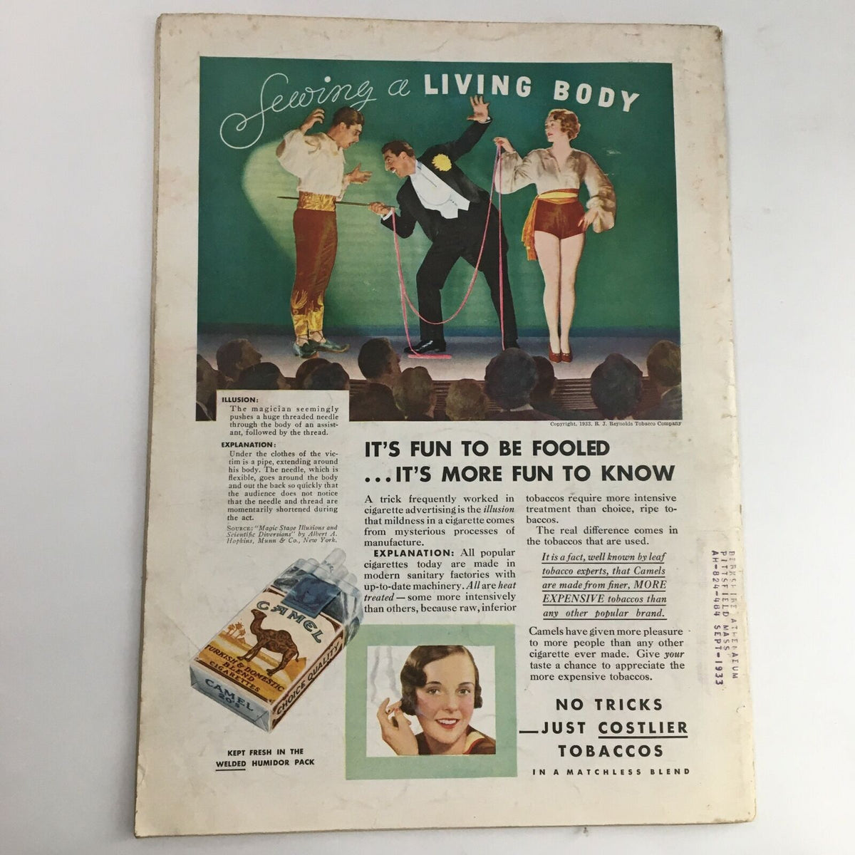 Time Magazine May 22 1933 back cover advertisement with vibrant colors promoting Camel cigarettes, illustrating a theatrical illusion performance.