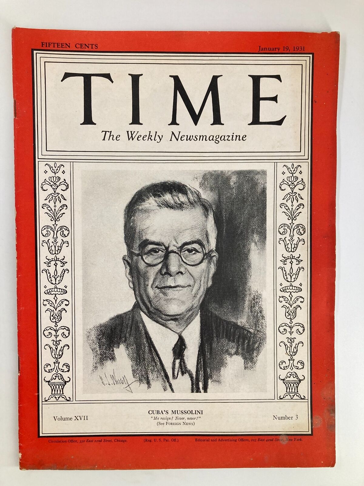 Cover of VTG Time Magazine January 19 1931 Volume 17 Number 3 featuring the article 'Cuba's Tropical Mussolini', showcasing a portrait and detailed border design.