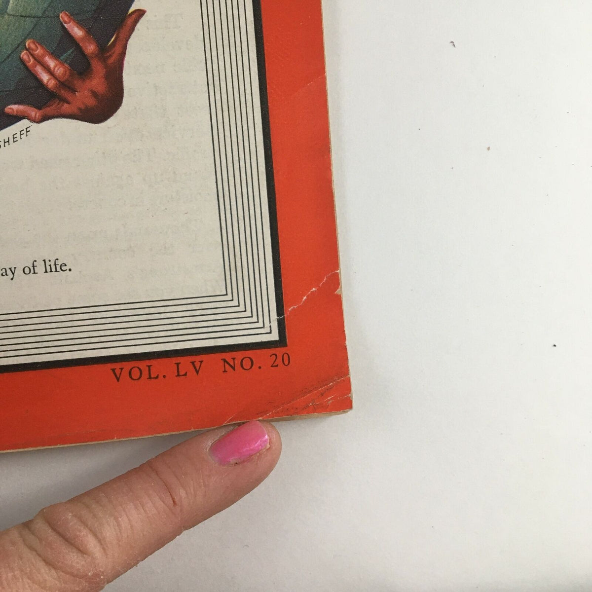 Side view of the Time Magazine May 15, 1950, indicating its volume number LV No. 20 with minor wear and tear characteristic of vintage publications.