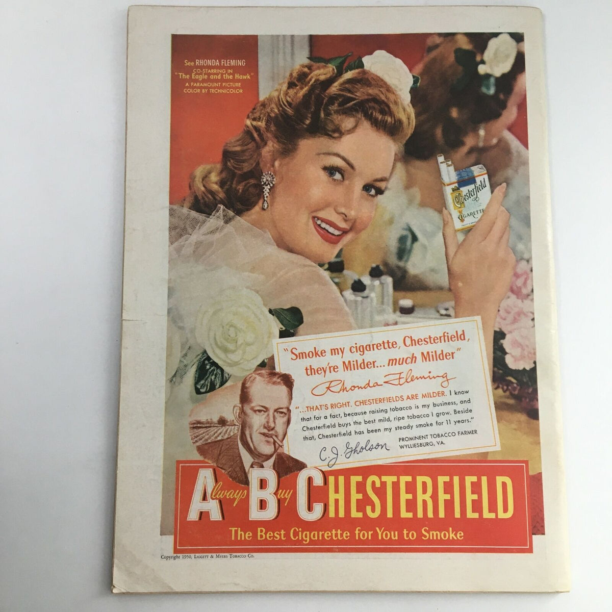 Advertisement page from Time Magazine May 15, 1950, showcasing a vintage Chesterfield cigarettes ad featuring a smiling woman and the tagline about their milder smoke.