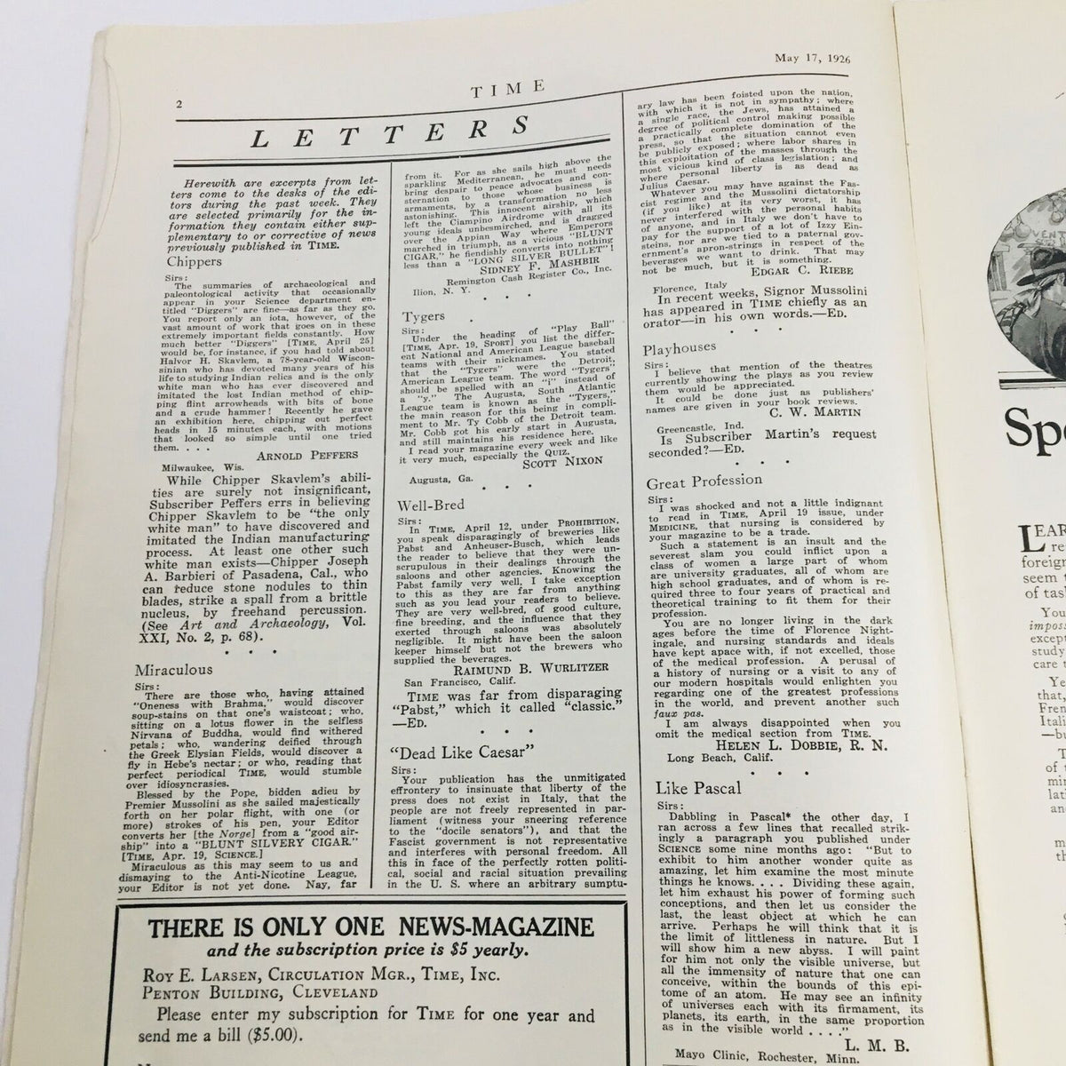 Inside page of VTG Time Magazine May 17 1926 Vol VII No. 20 featuring letters section with articles and advertisements, highlighting historical content relevant to early 20th-century journalism.