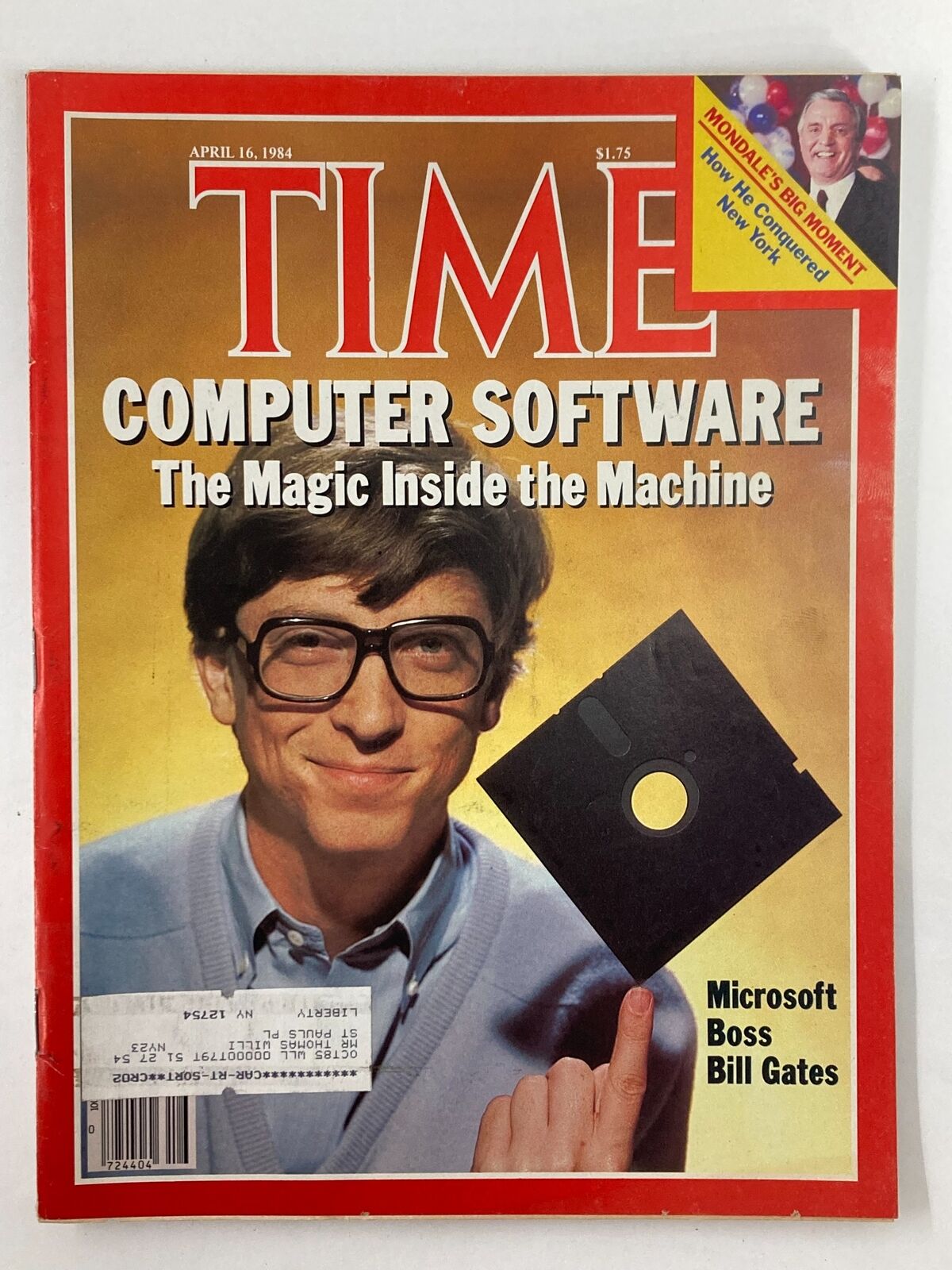 Vintage Time Magazine cover from April 16, 1984, featuring Bill Gates, Microsoft Boss, holding a floppy disk with the title 'Computer Software: The Magic Inside the Machine'.
