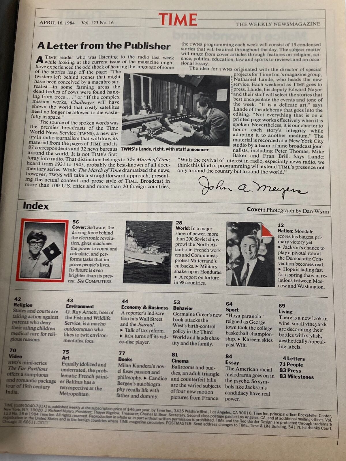 Interior page of Time Magazine dated April 16, 1984, including a letter from the publisher and an index of articles.