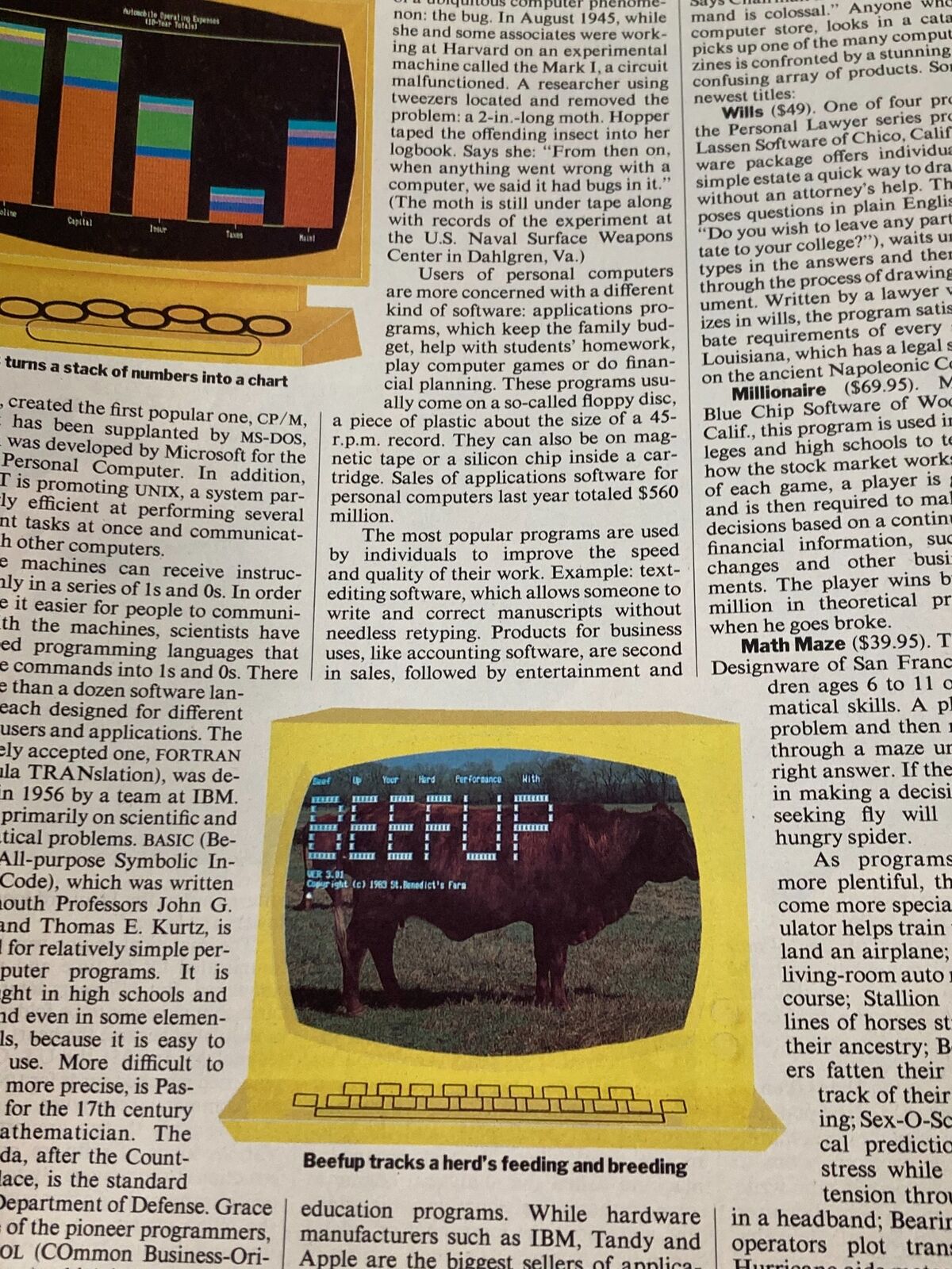 Vintage Time Magazine April 16 1984 featuring Bill Gates—illustration showing a computer screen with a chart and a cow, highlighting software that tracks herds' feeding and breeding.