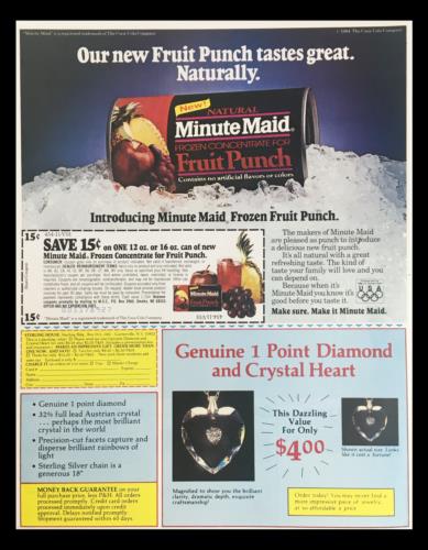 Minutemaid Frozen Fruit Punch Advertisement highlighting the new flavor and a promotion for a genuine diamond pendant, showcasing the product packaging and promotional offers.